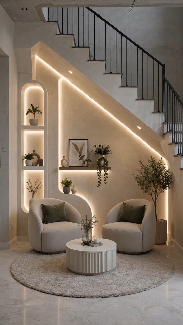 Built-in arched wall shelves with LED lighting next to two cream swivel chairs.