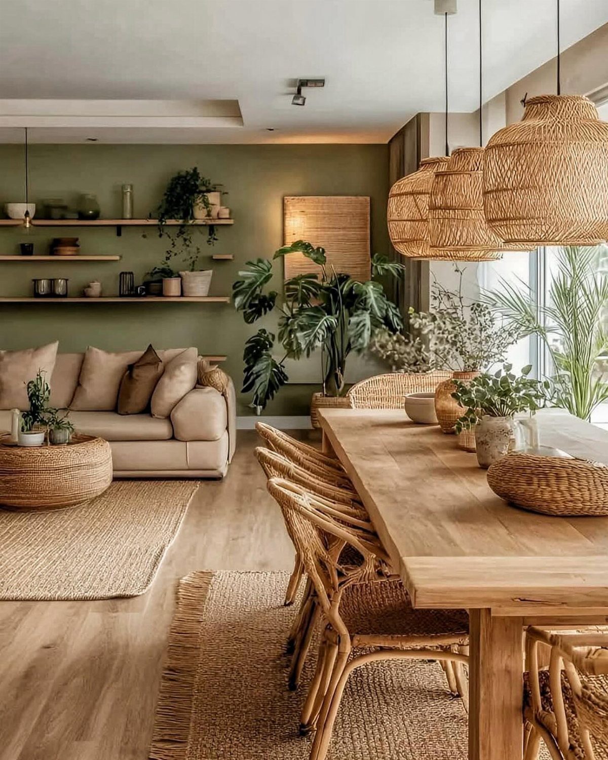 Open living space with beige sofa, wooden dining table, and woven jute rugs.