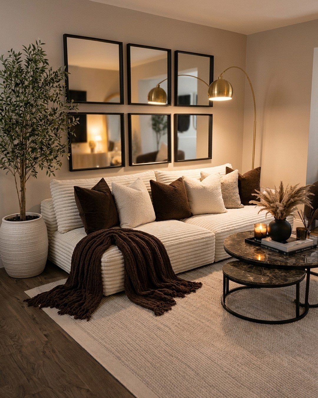 Cream ribbed sofa with brown accents, marble coffee table, and black framed mirrors.