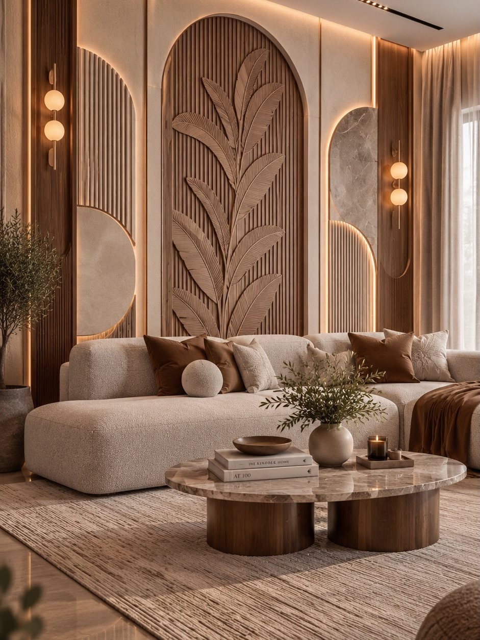 Cream sectional sofa in front of a carved wooden accent wall with lighting.