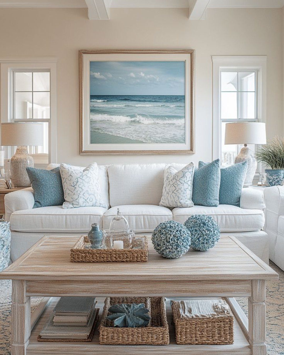 Cream sofa with blue cushions and ocean artwork in a coastal living room