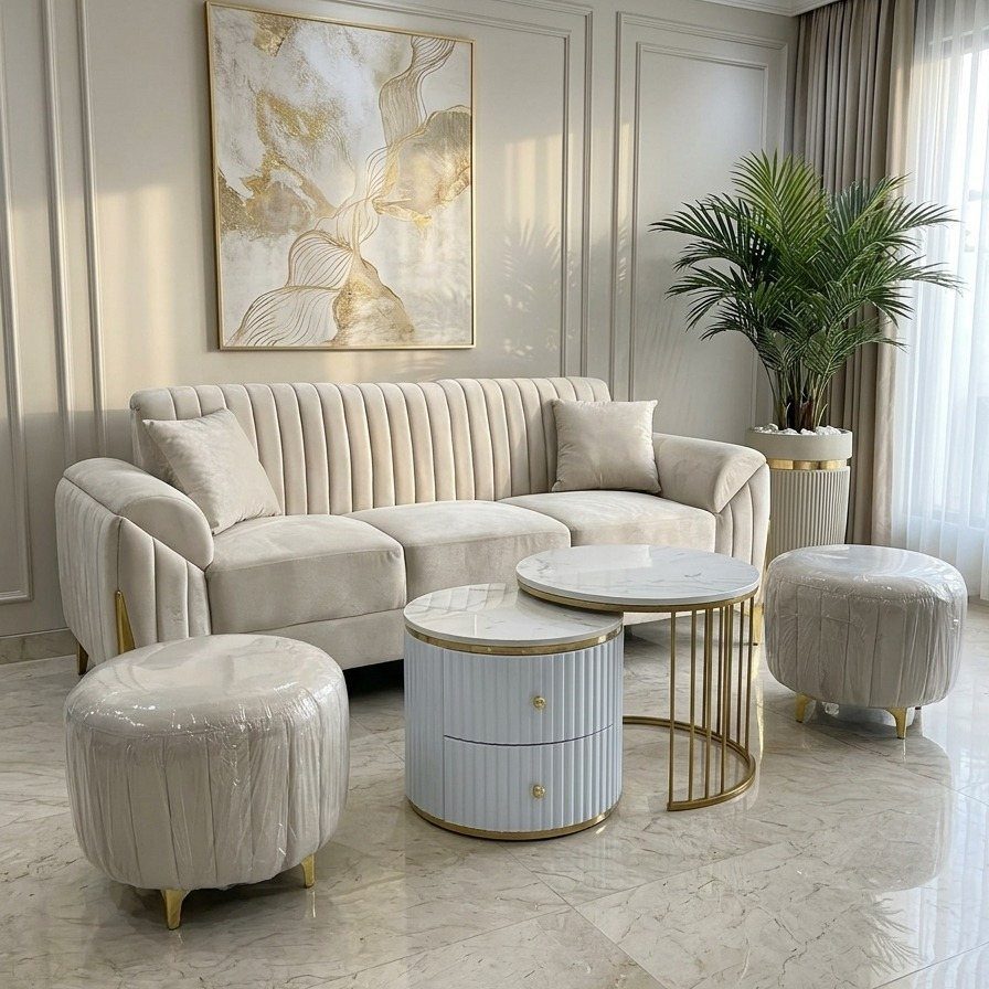 Cream tufted sofa and ottomans in a white living room with gold accents