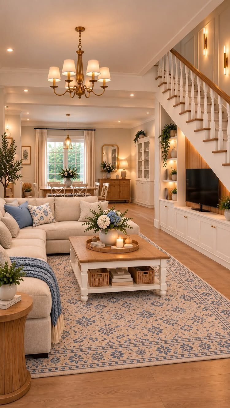 Cream sectional sofa in a farmhouse living room with a wooden coffee table.