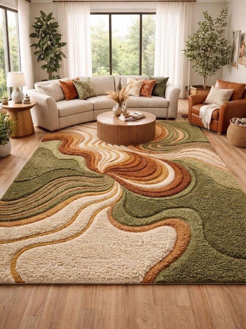 Cream sectional sofa with sage green and orange cushions on a wavy patterned rug.