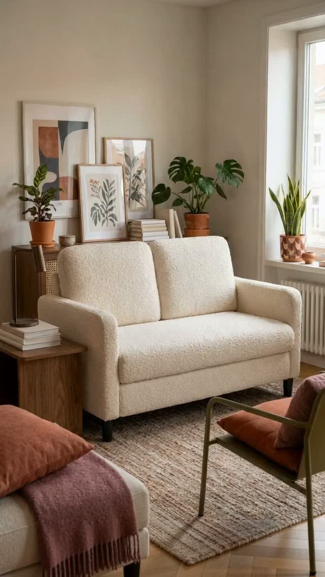 Cream bouclé loveseat in a small living room with plants and art.
