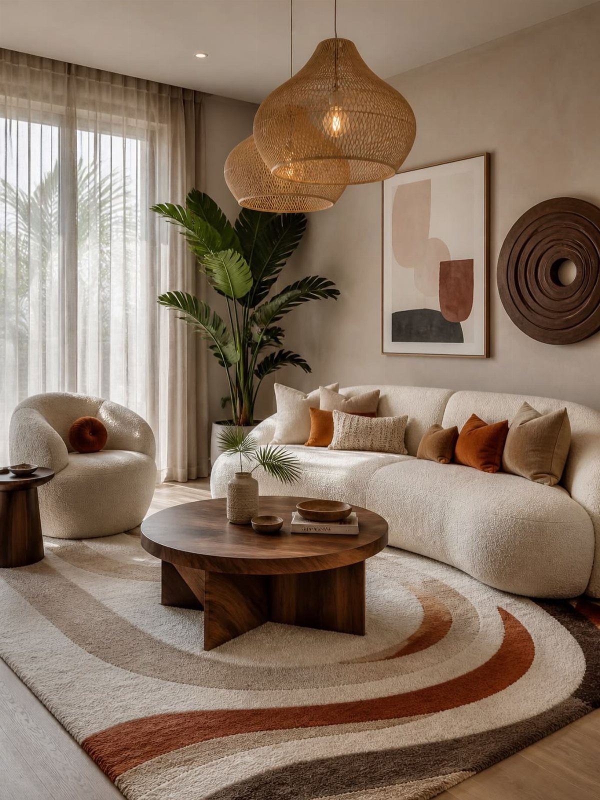 Curved cream bouclé sofa and round dark wood coffee table in modern living room