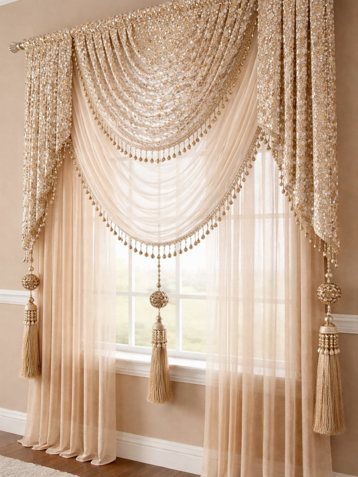 Ornate gold sequined curtains with draped swags and tassels over a bright window.