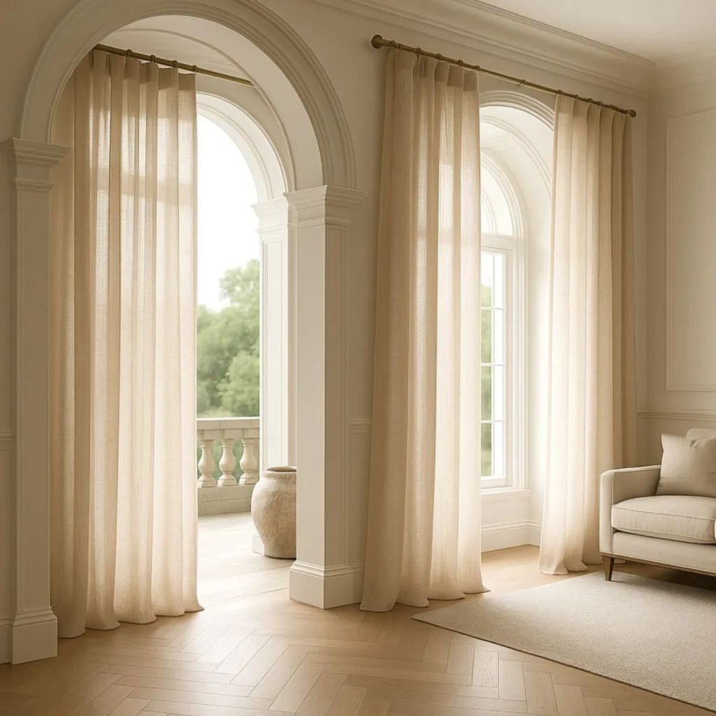 Beige linen curtains hanging over arched windows in a neutral living room.