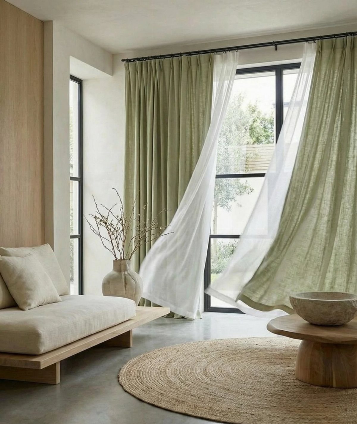 Sage green and white sheer curtains in a neutral living room with minimalist furniture.
