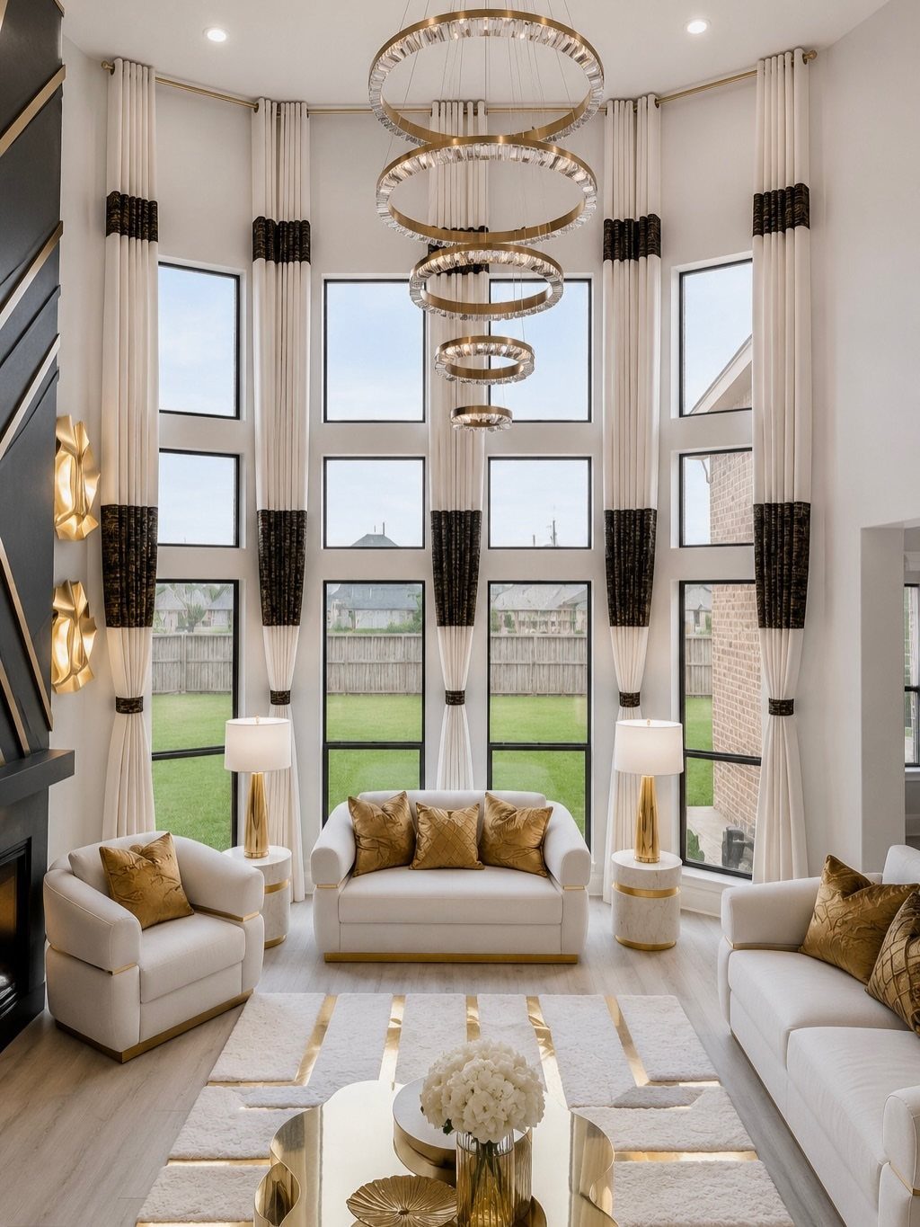 Tall white curtains with black bands hanging from the ceiling in a luxury living room.