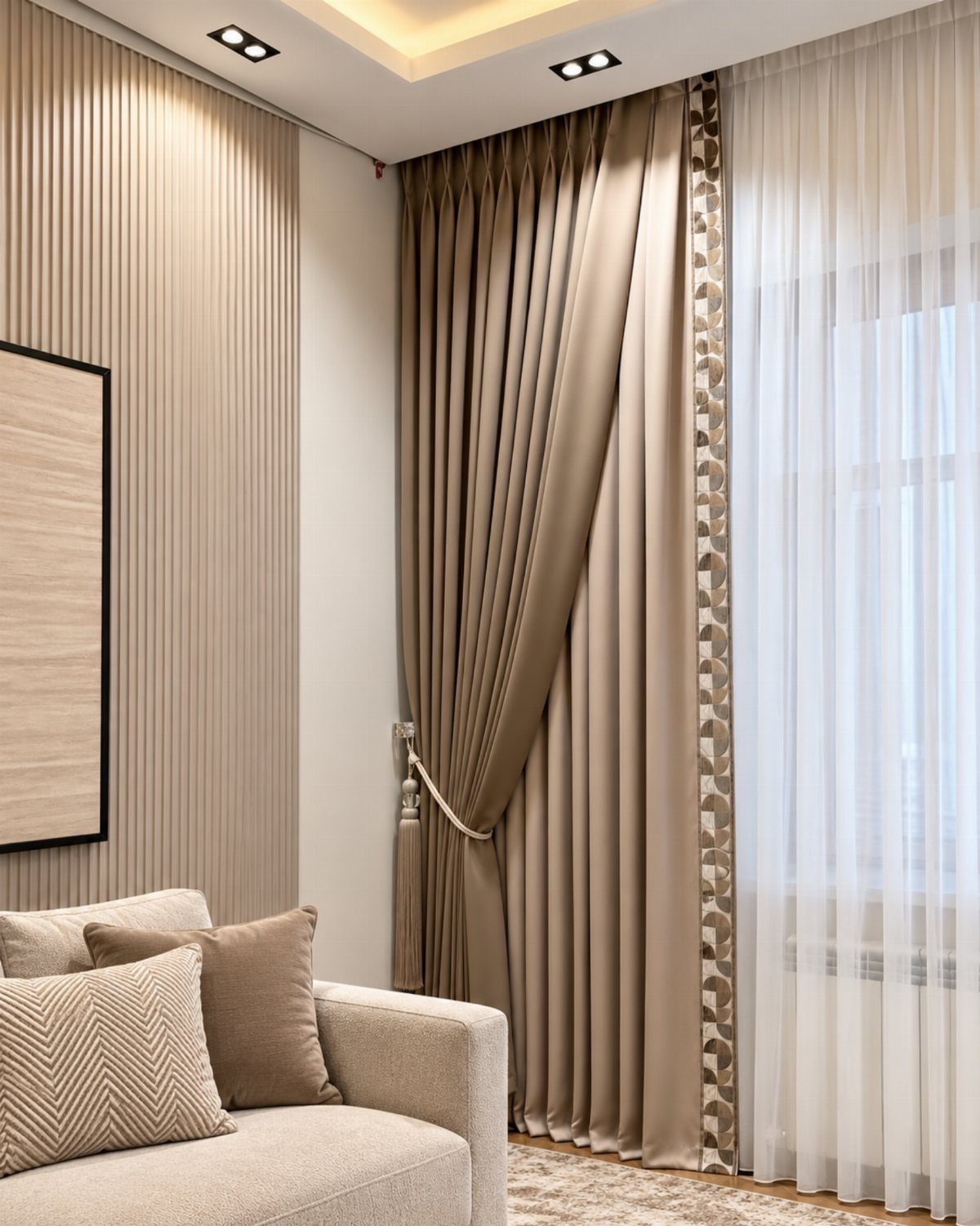 Beige floor-to-ceiling drapery and sheer white curtains in a modern living room