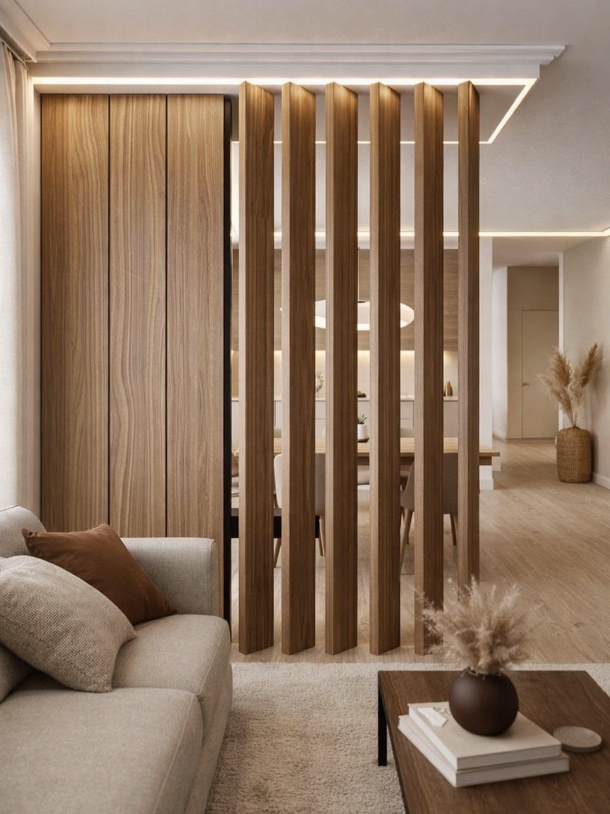 Wooden slat room divider separating a beige sofa area from a dining room.