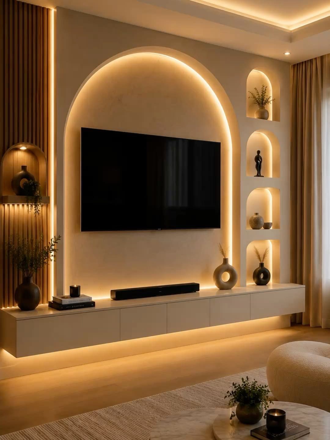 Floating white console under a television in a modern, warmly lit living room.