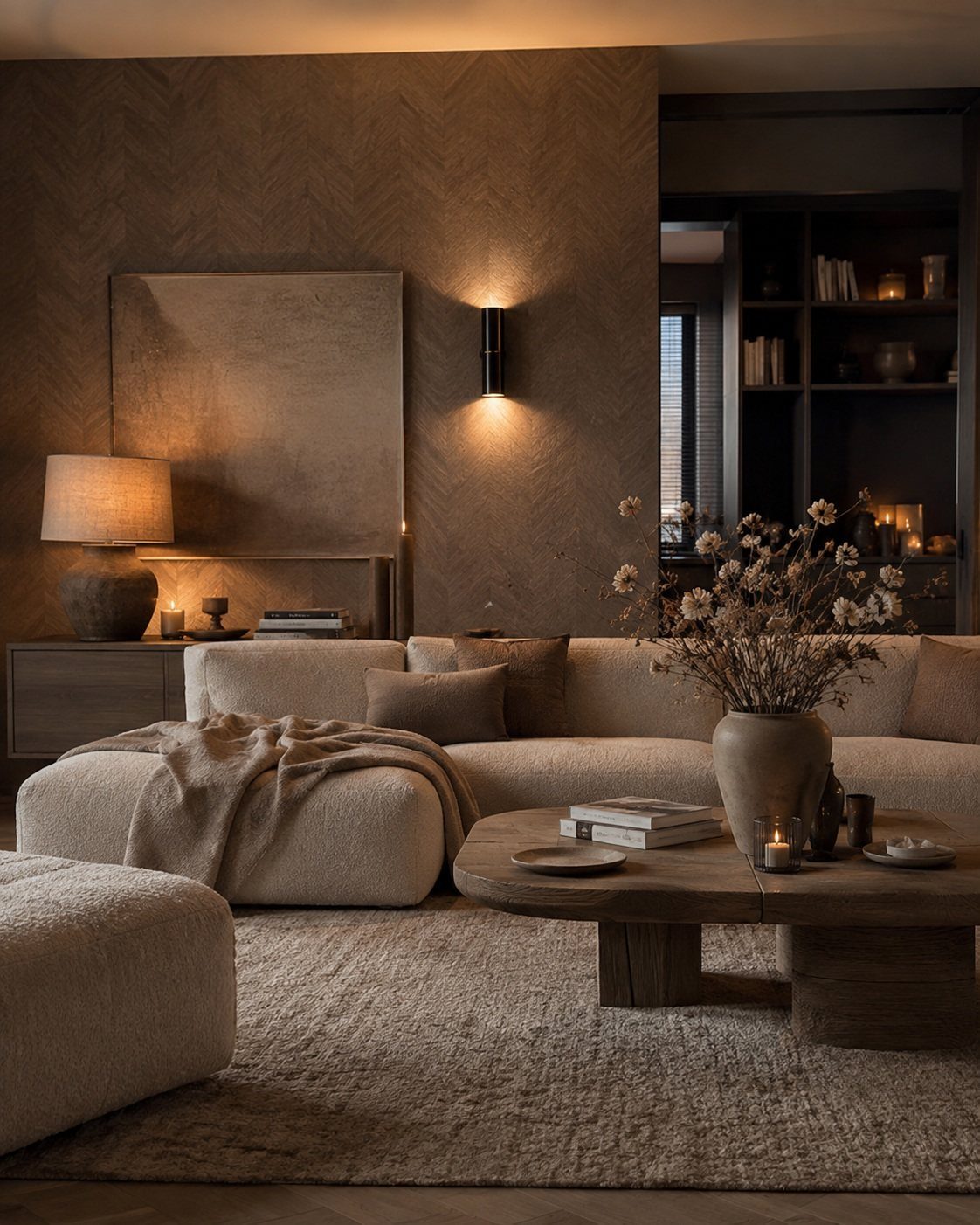 Modern living room with warm lighting from a table lamp and wall sconce.