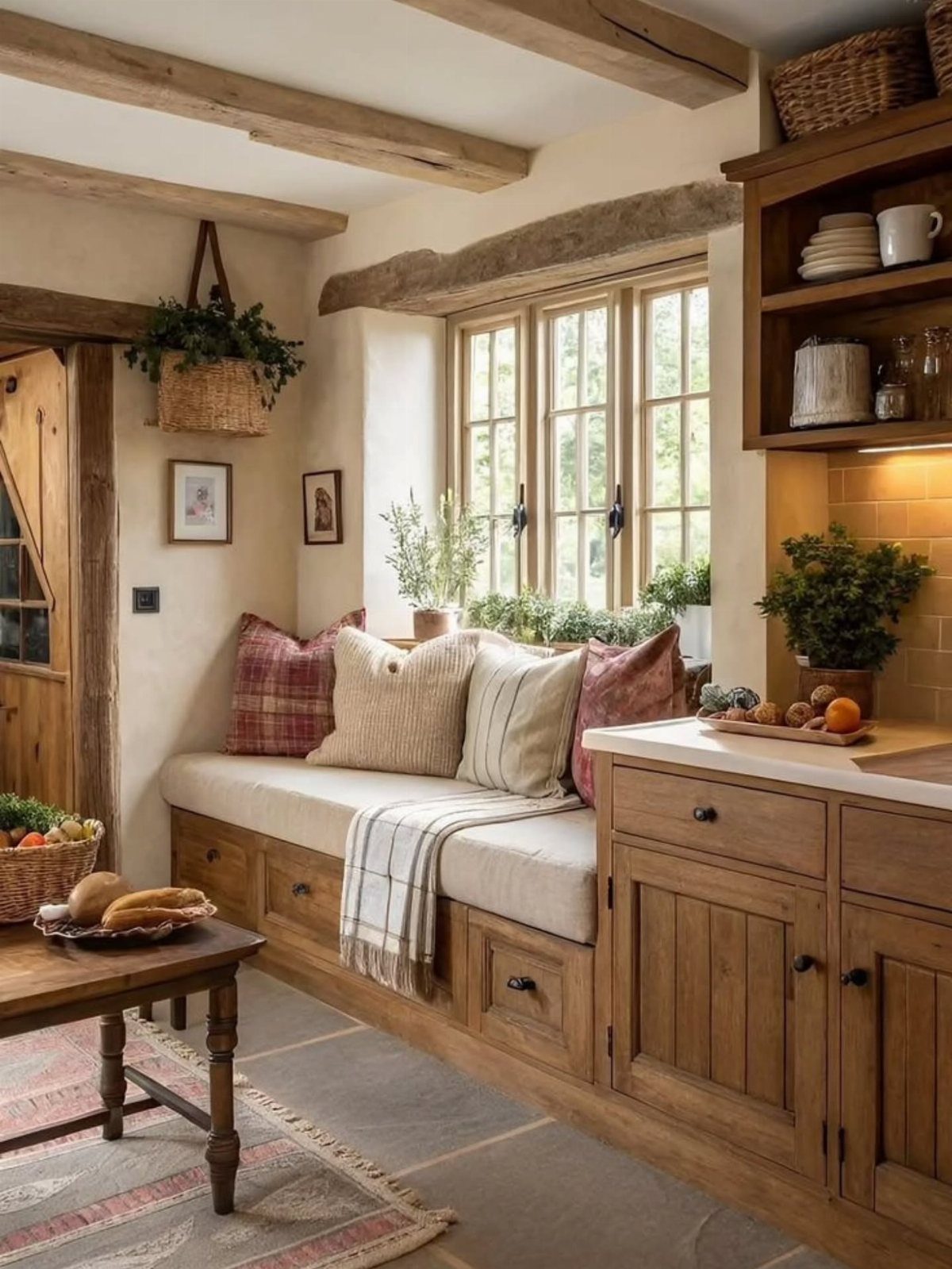 Rustic living area with a built-in window seat, wooden beams, and neutral tones.