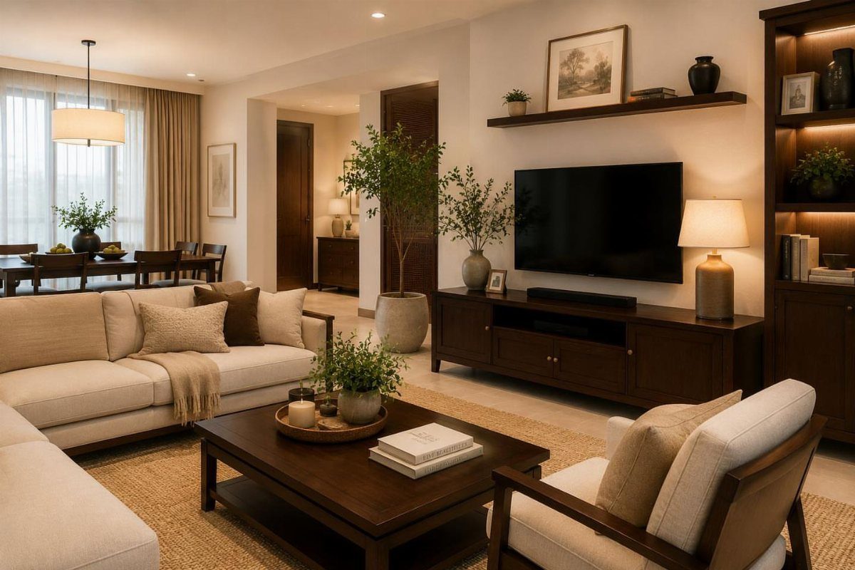 Beige sofas and dark wood furniture in a neutral toned farmhouse living room.