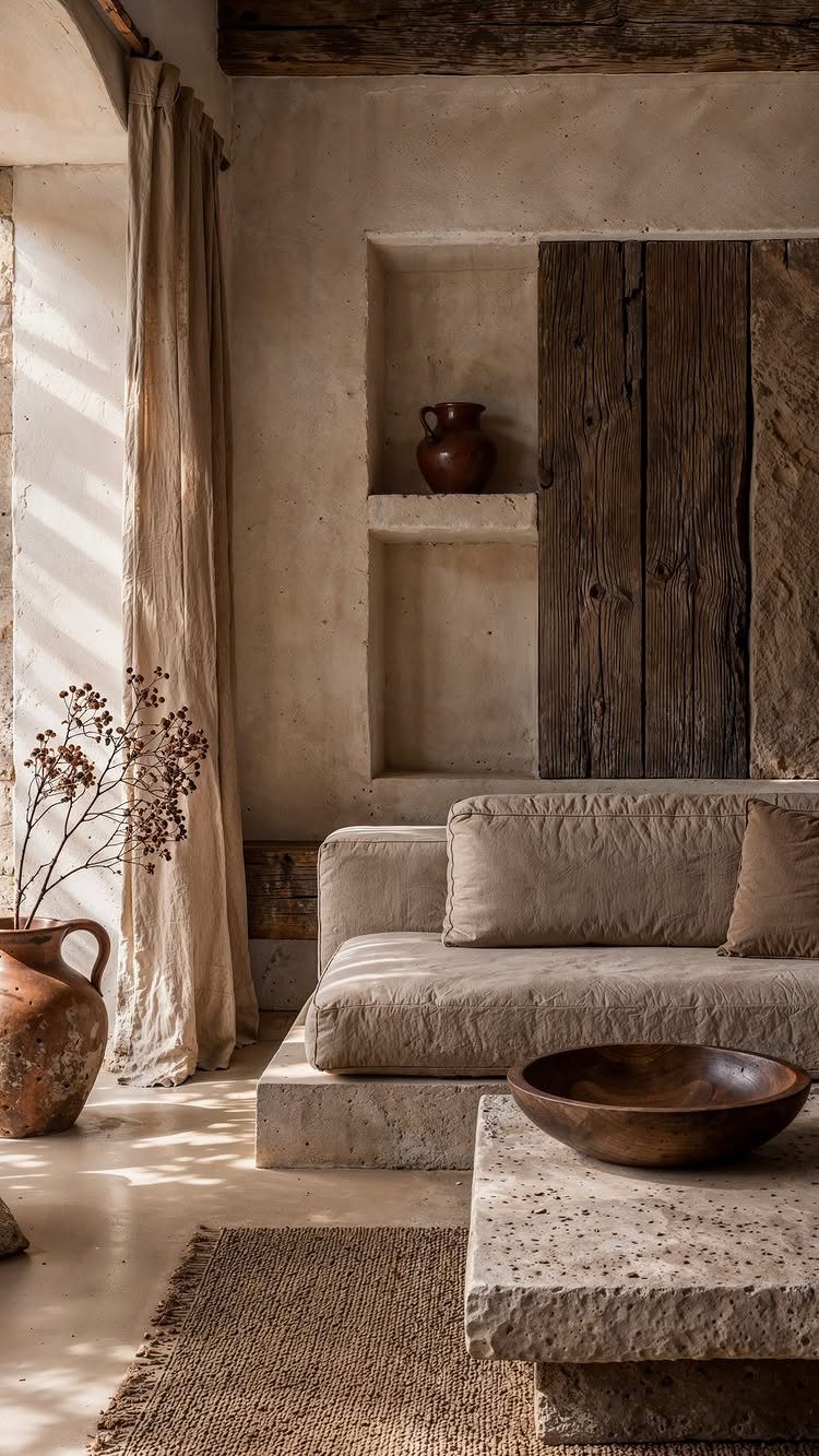 Rustic living room featuring a stone coffee table and reclaimed wood wall accents.