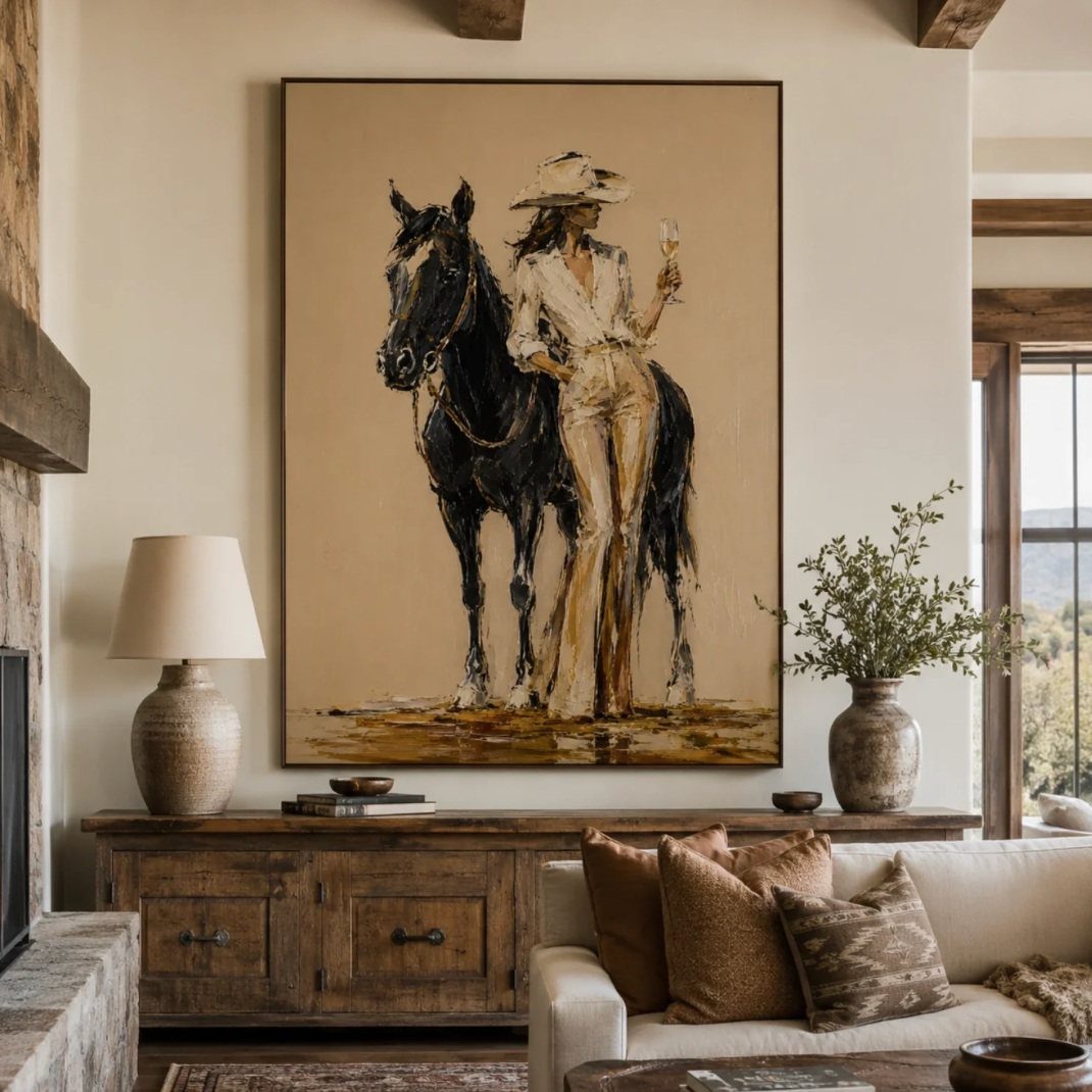 Rustic living room with a large horse painting and wooden furniture.