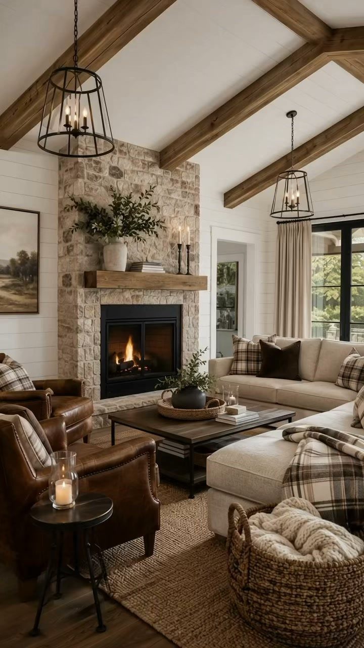 Rustic living room with white shiplap walls, beige sofa, and stone fireplace.