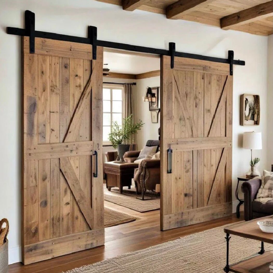 Wooden sliding barn doors on a black track opening into a rustic living room.