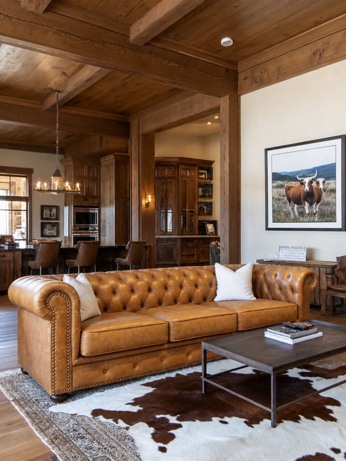 Tan leather tufted sofa in a rustic room with exposed wooden ceiling beams.
