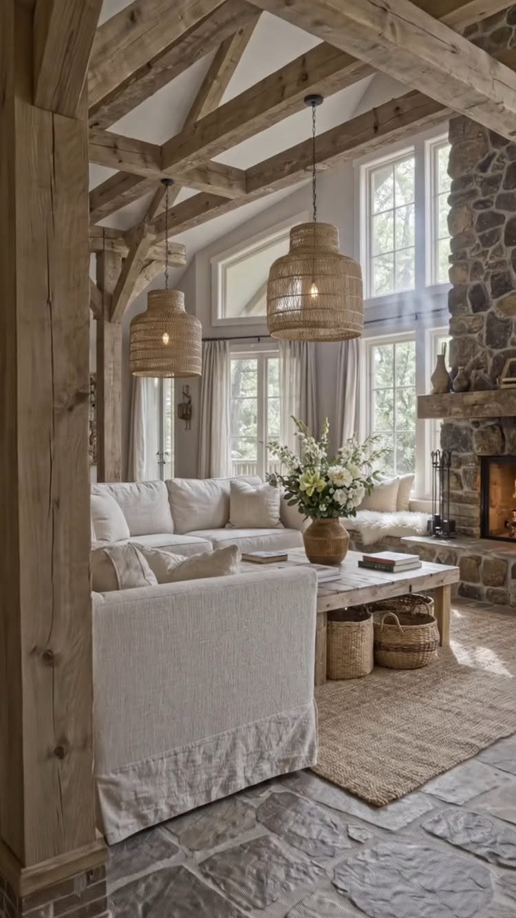 Two woven pendant lights hanging in a rustic farmhouse living room with wooden beams.