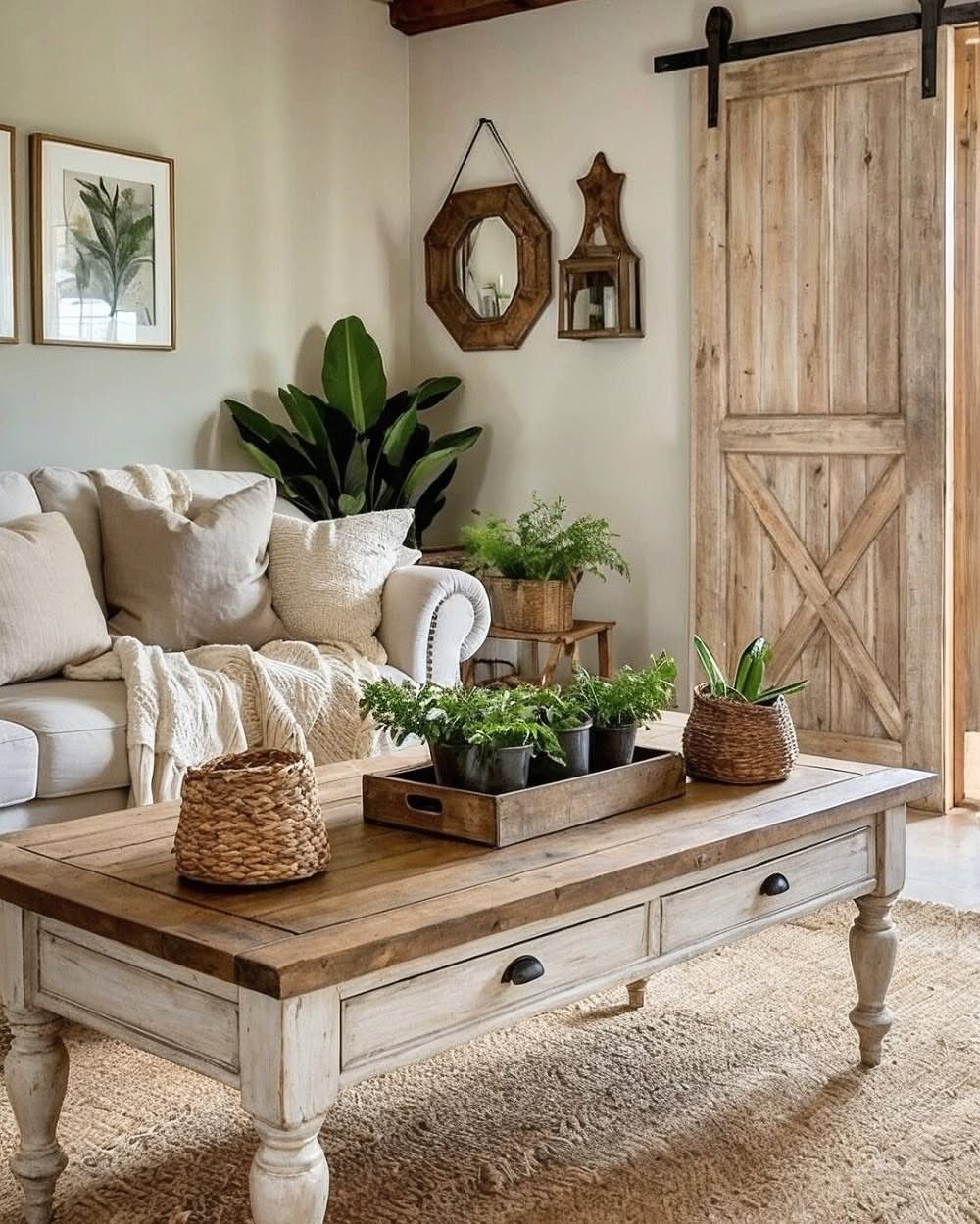 Potted plants on a rustic wooden coffee table in a farmhouse living room.
