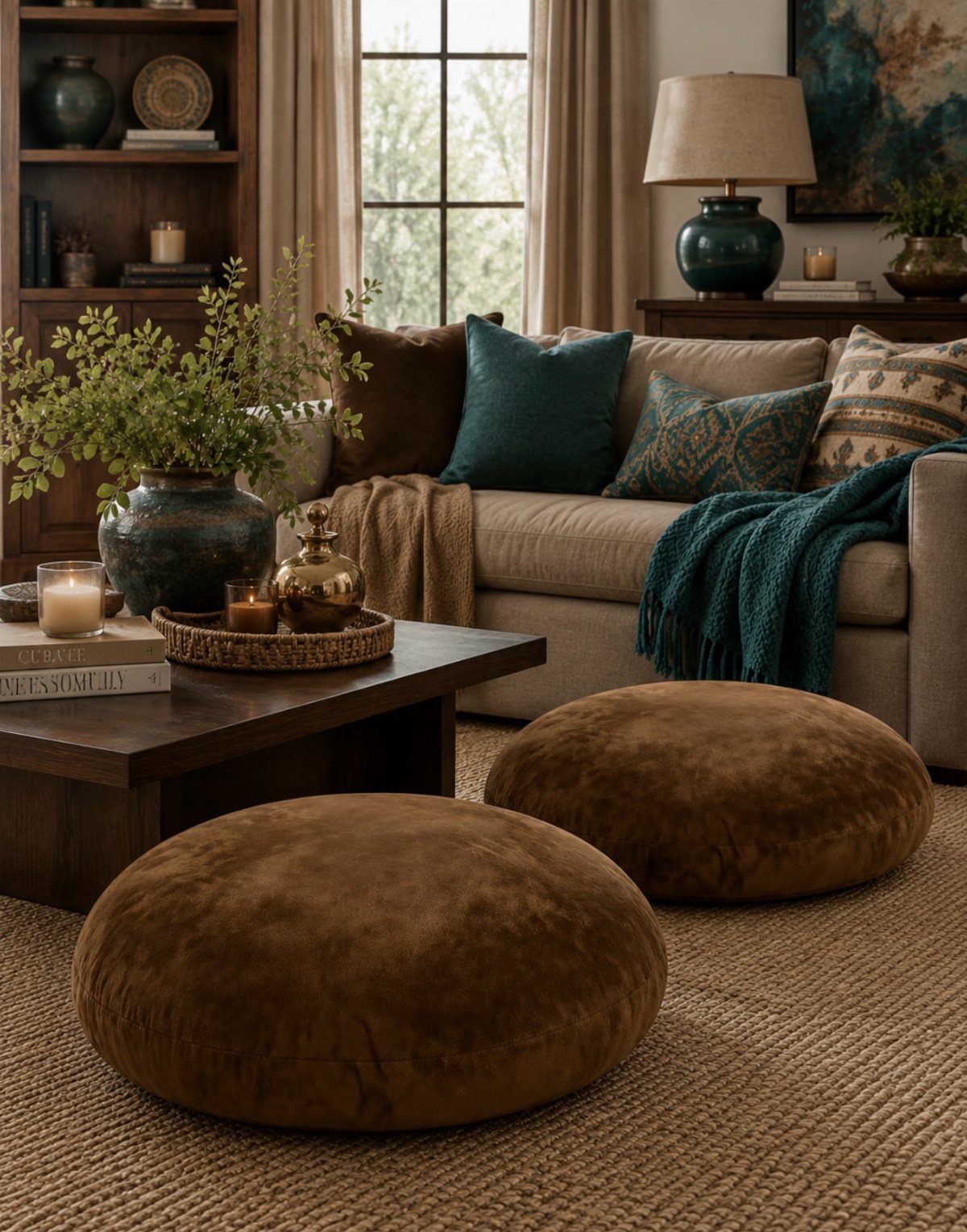 Beige sofa with teal and brown throw pillows and a teal blanket.