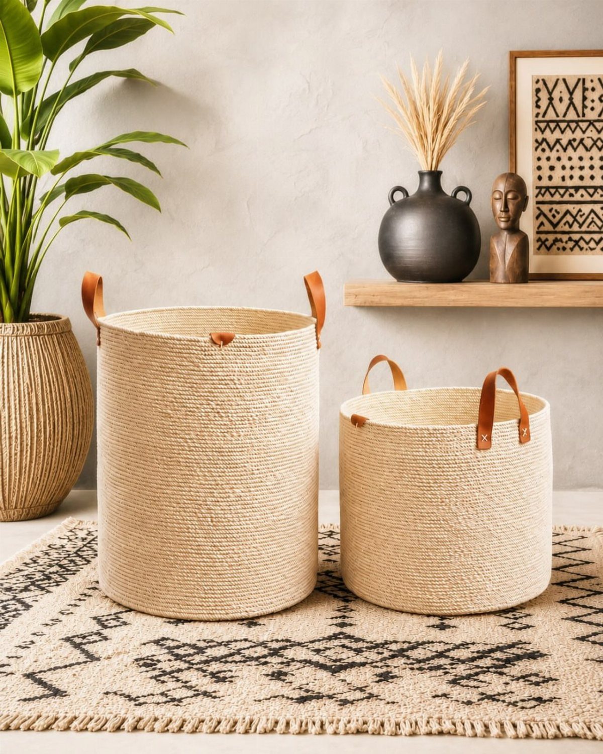 Two woven baskets with leather handles on a patterned rug in a room.