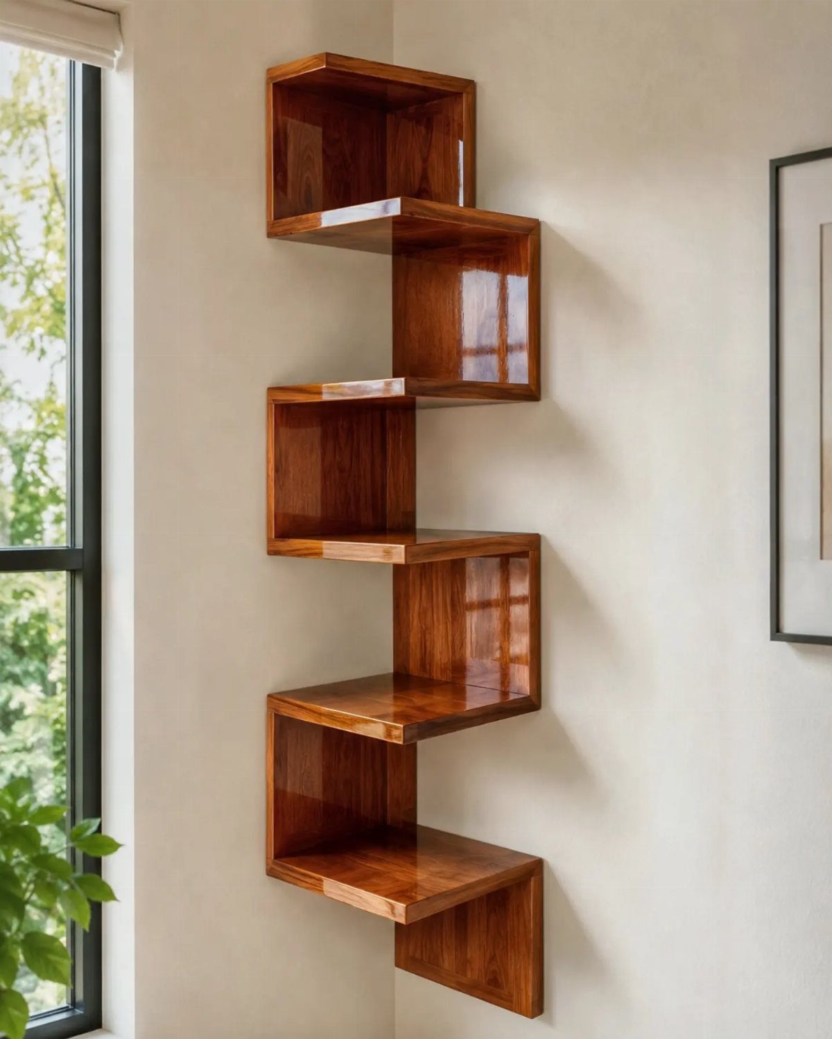 Zigzag polished reddish-brown wood floating shelves mounted on a light beige wall.