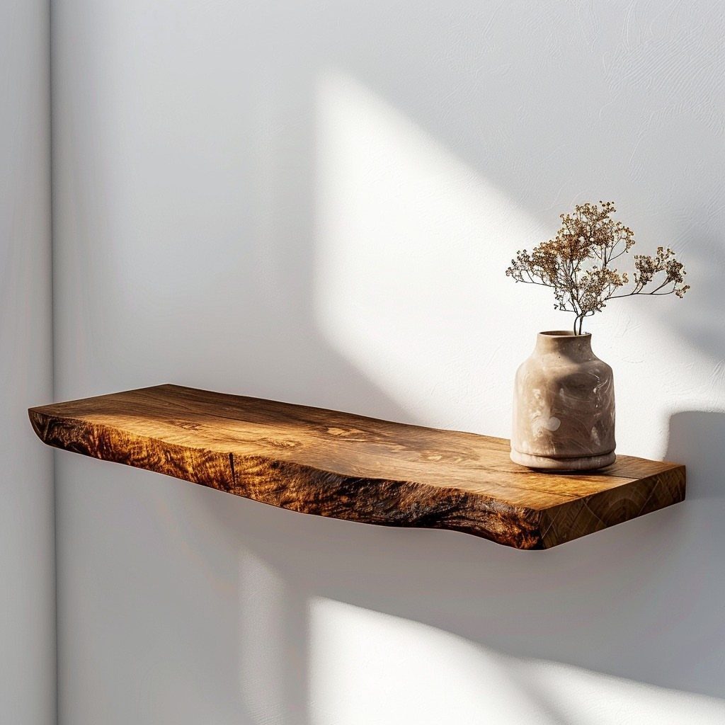 Live-edge wooden floating shelf on a white wall holding a small ceramic vase.