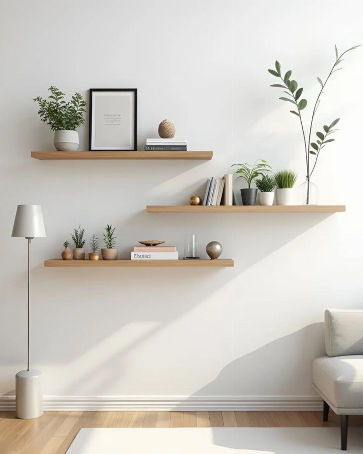 Light wood floating shelves on a white wall with plants and books.