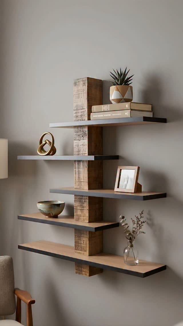Multi-layered floating wooden shelves with a central pillar holding books and decor.