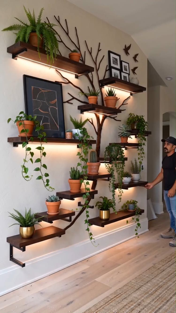 Tree-shaped wooden floating shelves with integrated lighting holding various potted green plants.
