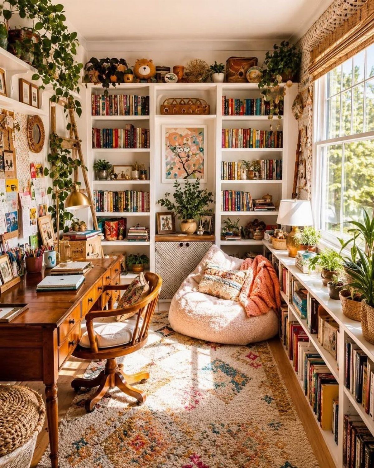 Cozy reading nook with a white beanbag chair, bookshelves, and indoor plants.