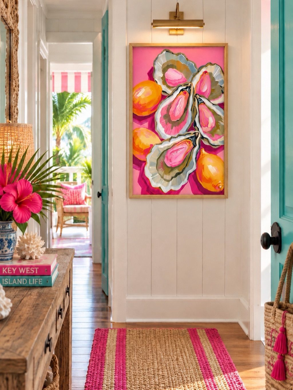Colorful oyster and lemon painting hanging on a white paneled hallway wall.