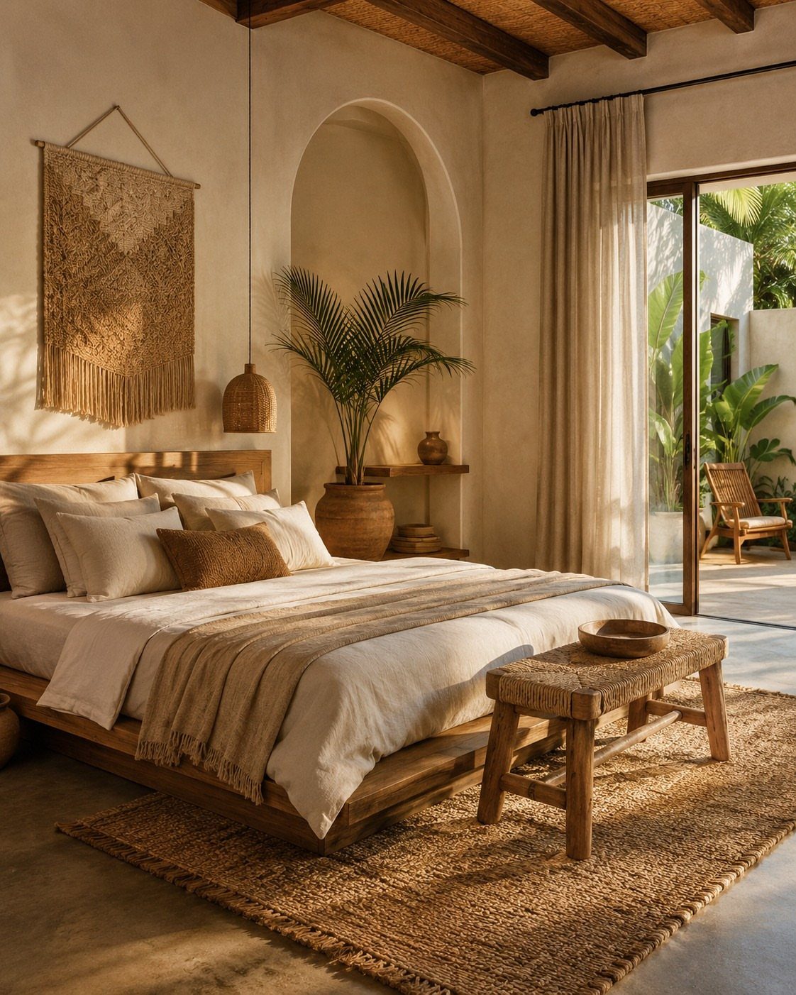 Bedroom featuring a jute rug, rattan light fixture, and woven wall hanging.