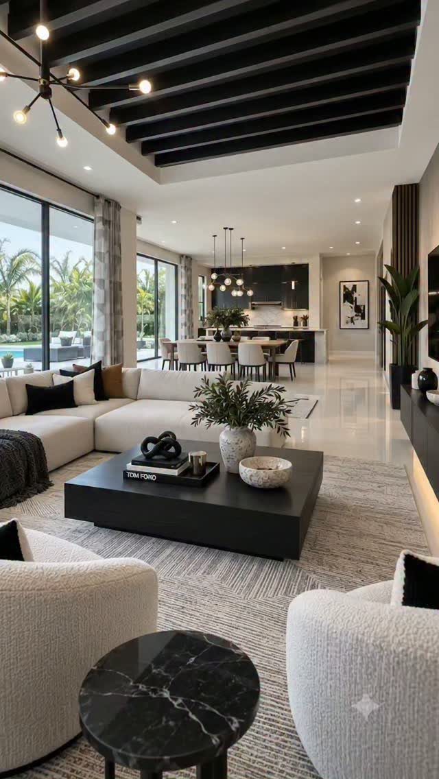 Modern living room with large sliding glass doors opening to a tropical outdoor patio.