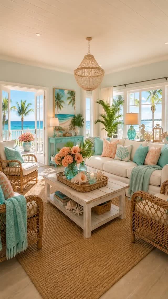 Natural fiber jute rug in a bright coastal living room with rattan furniture.