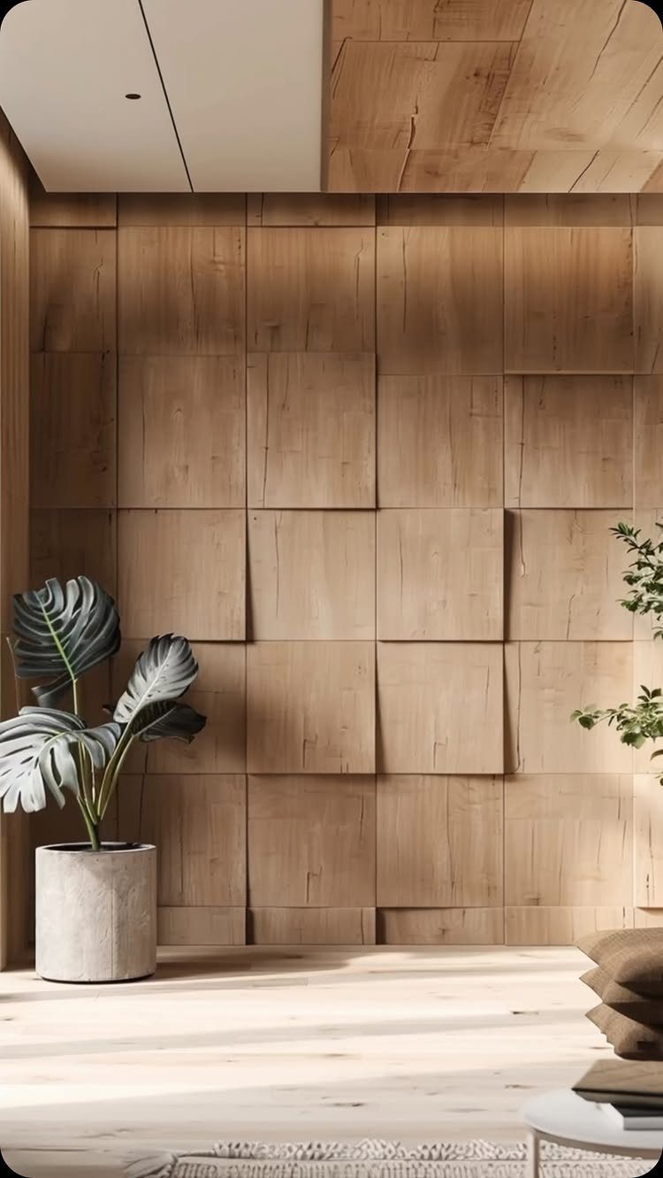 Wooden wall with staggered 3D square panels and a potted green plant.