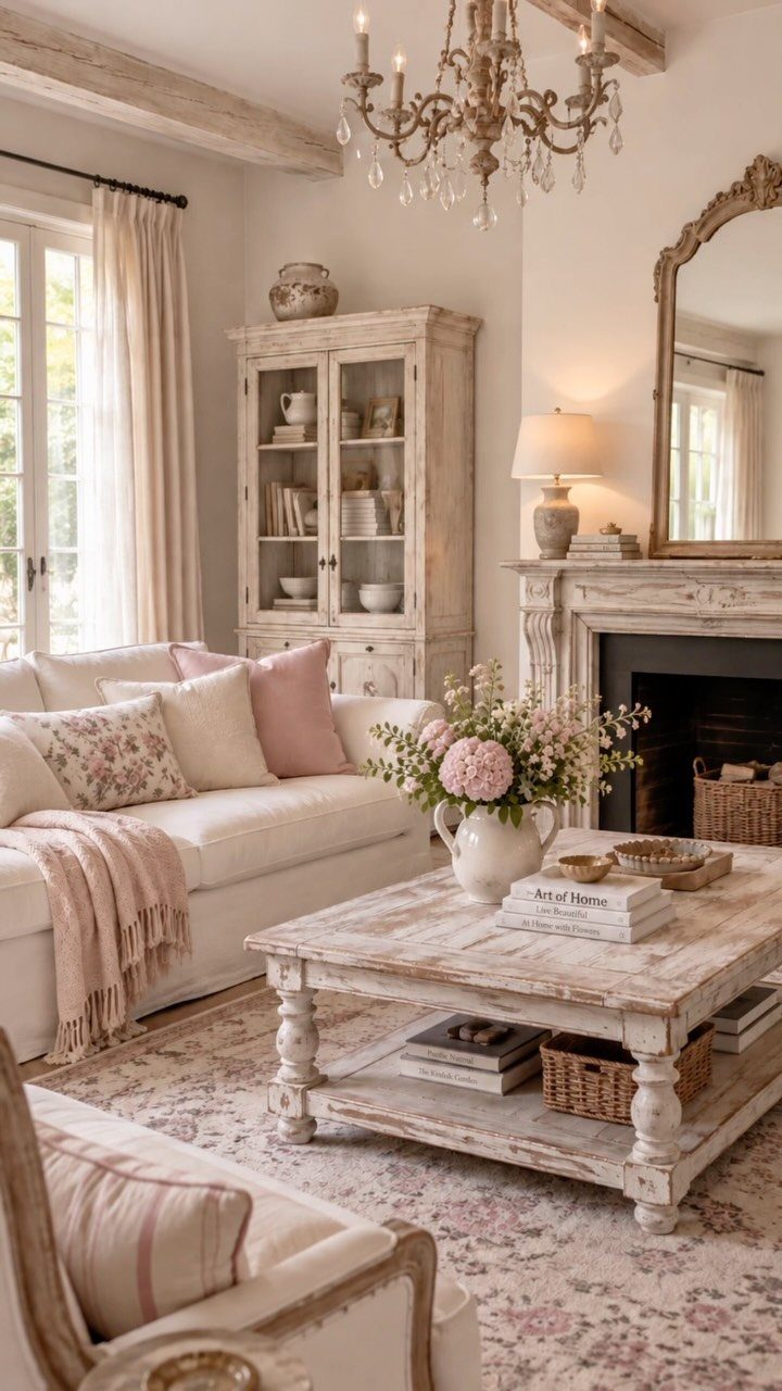 French country living room with white distressed furniture, pink accents, and a chandelier.