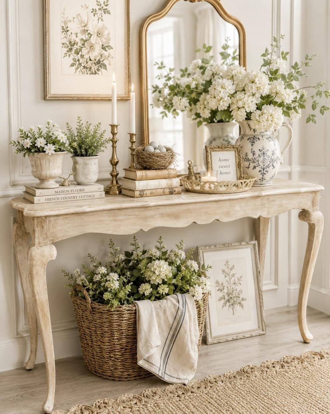 Rustic white console table with floral arrangements, gold mirror, and a jute rug.