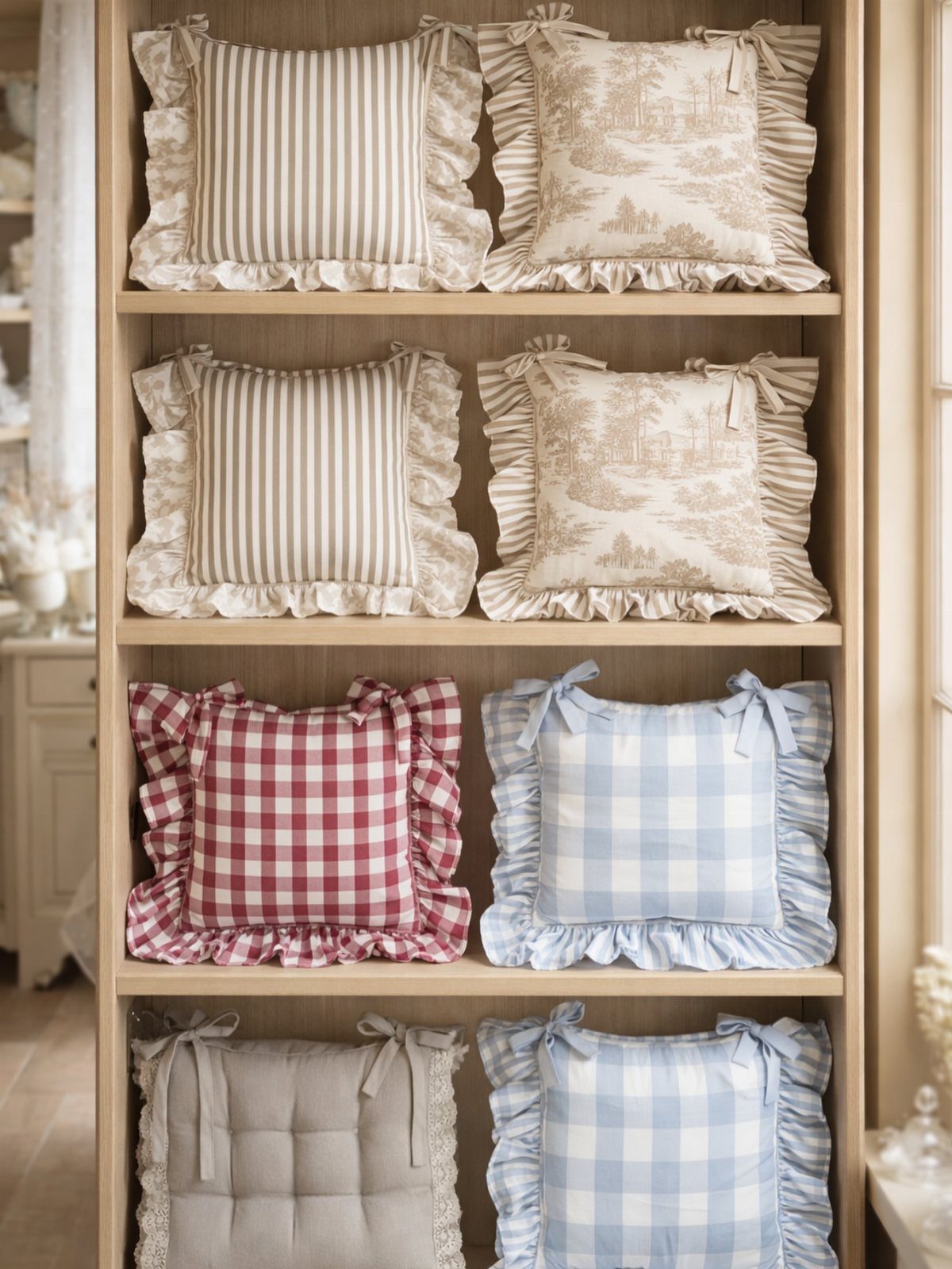 Ruffled decorative pillows in stripes, toile, and gingham patterns on wooden shelves.