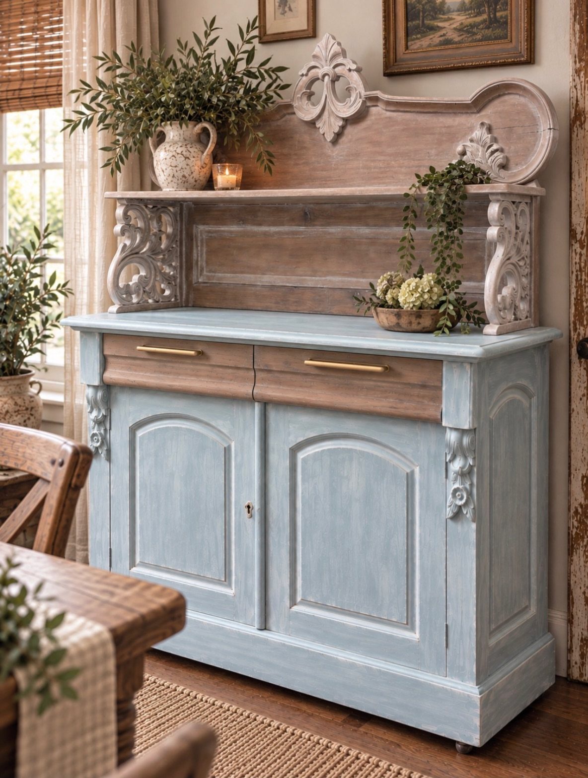 Light blue ornate wooden sideboard with greenery and vintage decor in a room.