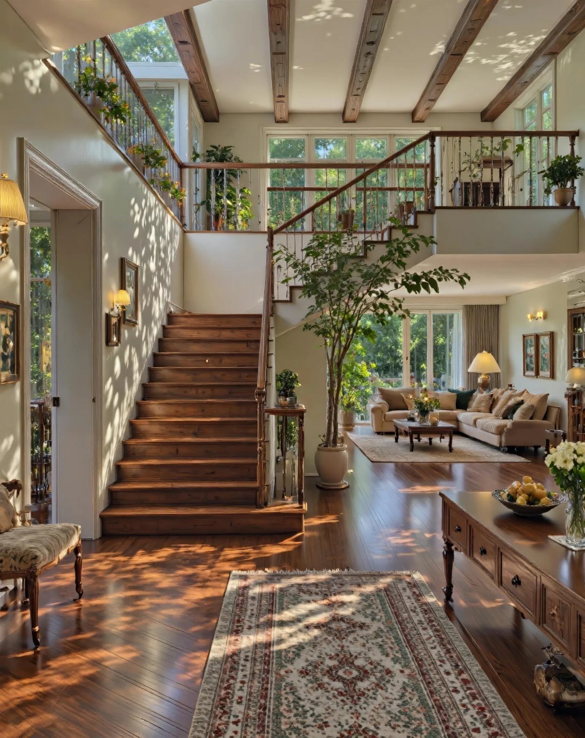Sunlit living room with wooden stairs, exposed ceiling beams, and warm lamp lighting.