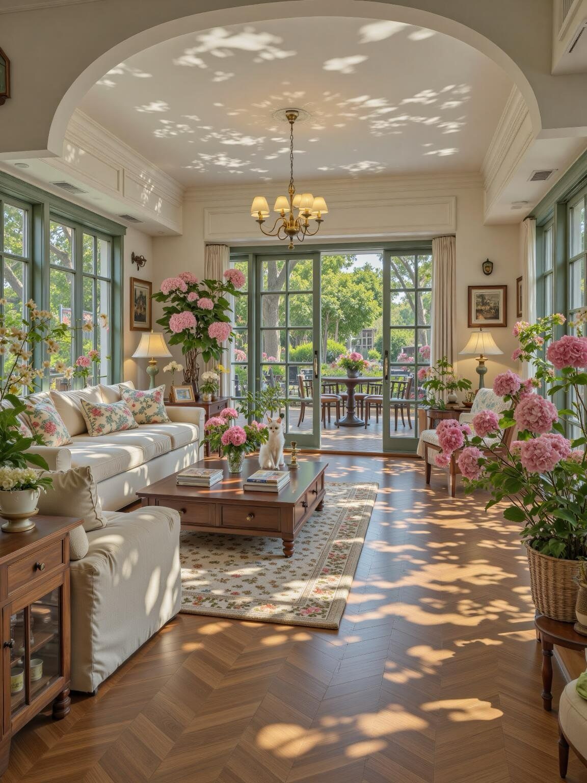Elegant living room with white sofas, herringbone floors, and pink hydrangea floral arrangements.