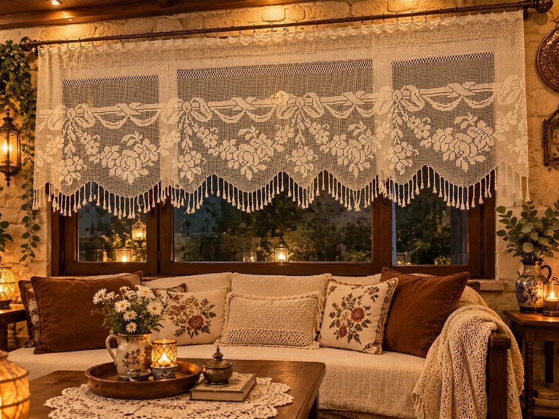White lace curtains with floral patterns hanging over a cozy living room window.