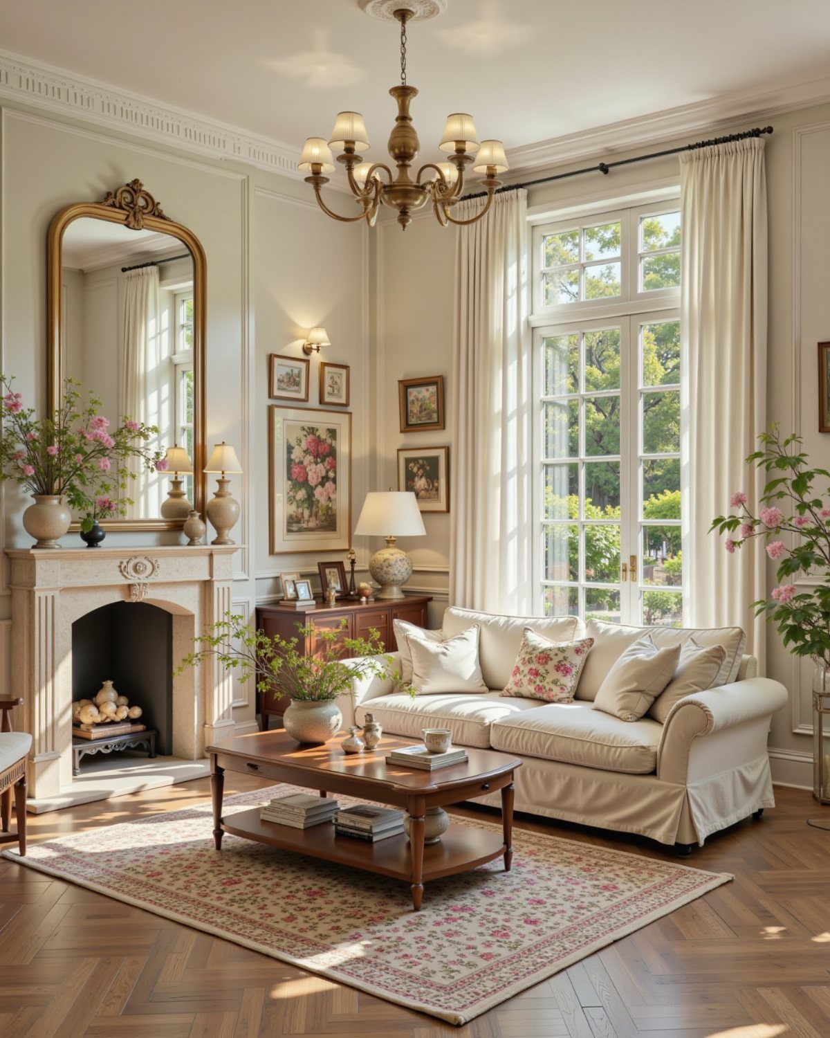 Cream sofa and wooden coffee table in a bright French country living room