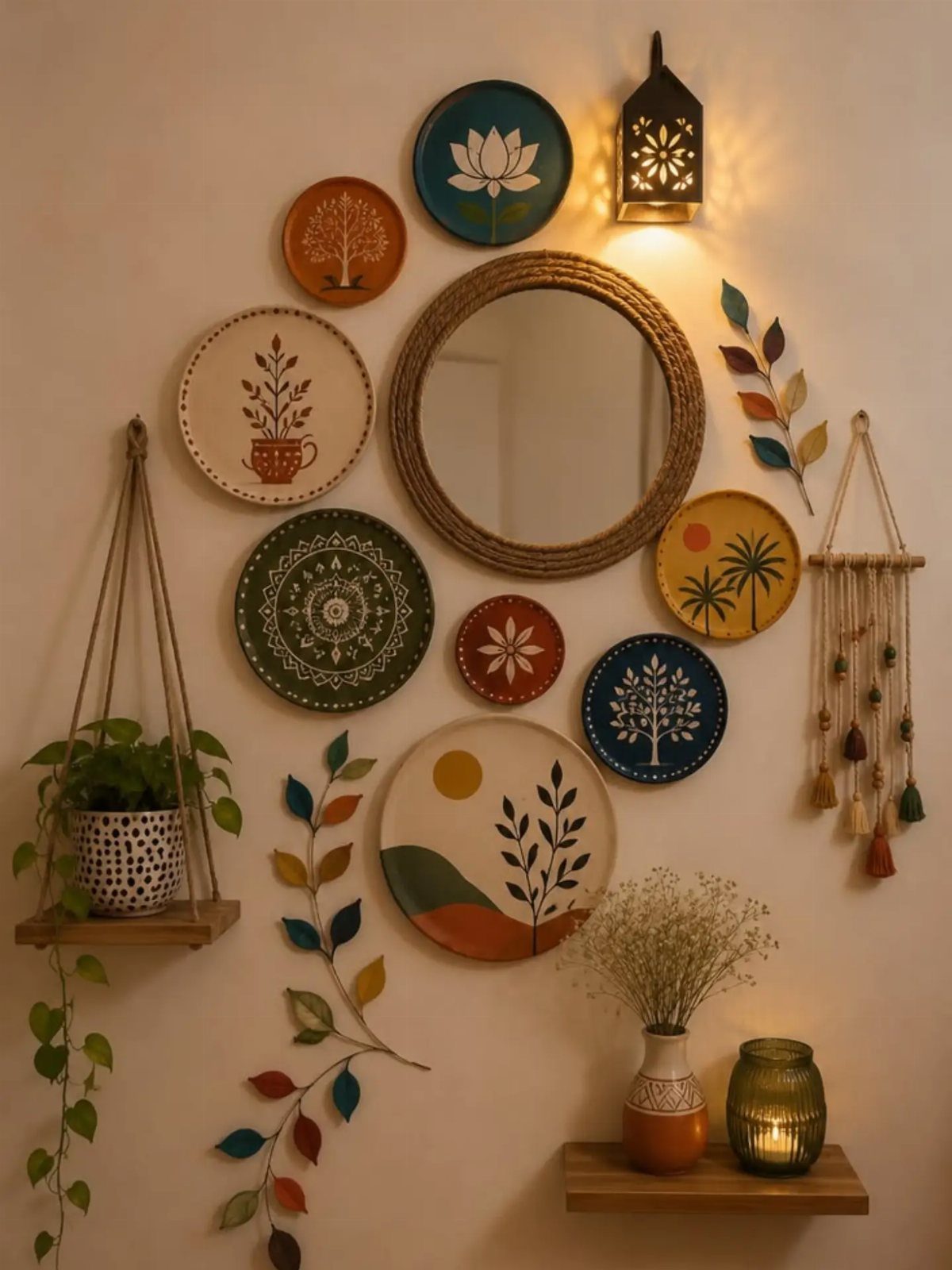 Decorative plates and a round mirror arranged as a gallery wall on white.
