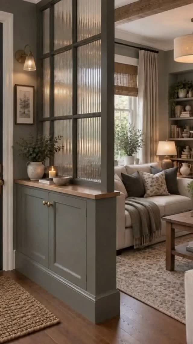 Grey built-in cabinet with fluted glass partition separating a cozy living room area.